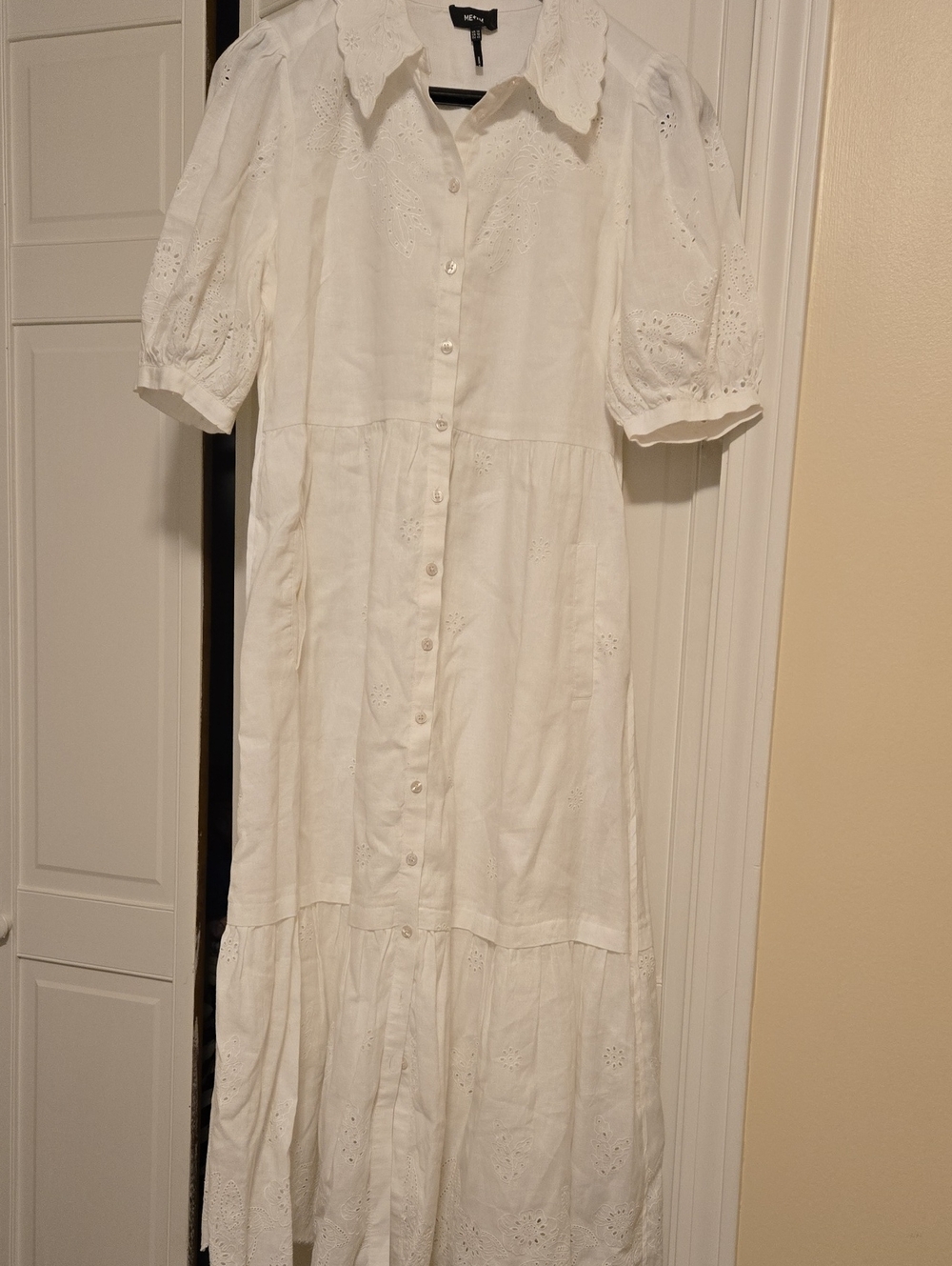 ME+EM White Eyelet Button-Front Maxi with Puff Sleeves